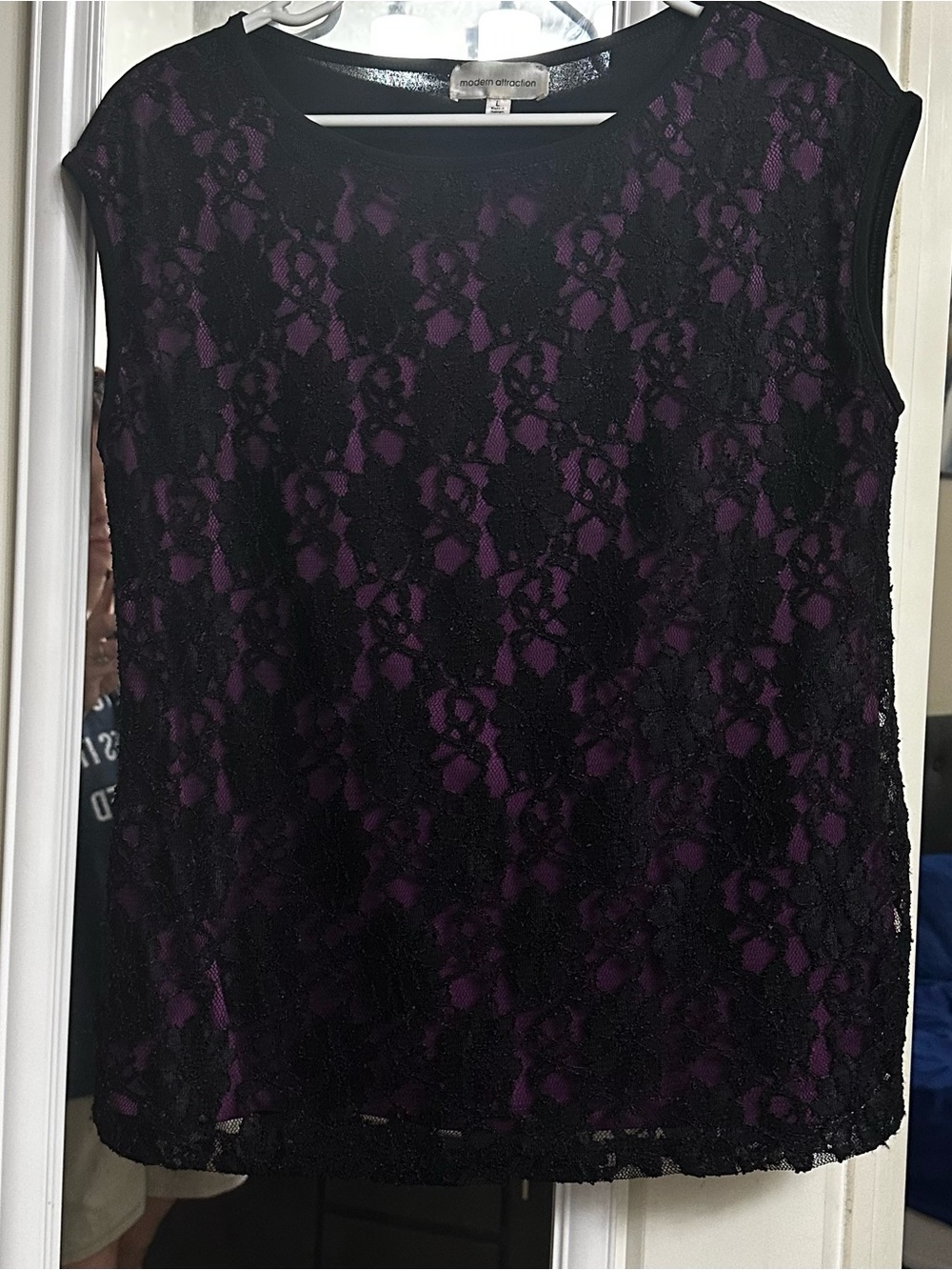 Modern Attraction Black Lace Overlay Purple Shell Cap-Sleeve Top